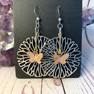 Boho Butterfly and Flower Disc Hanging Silver and Gold Earrings Mixed Metal